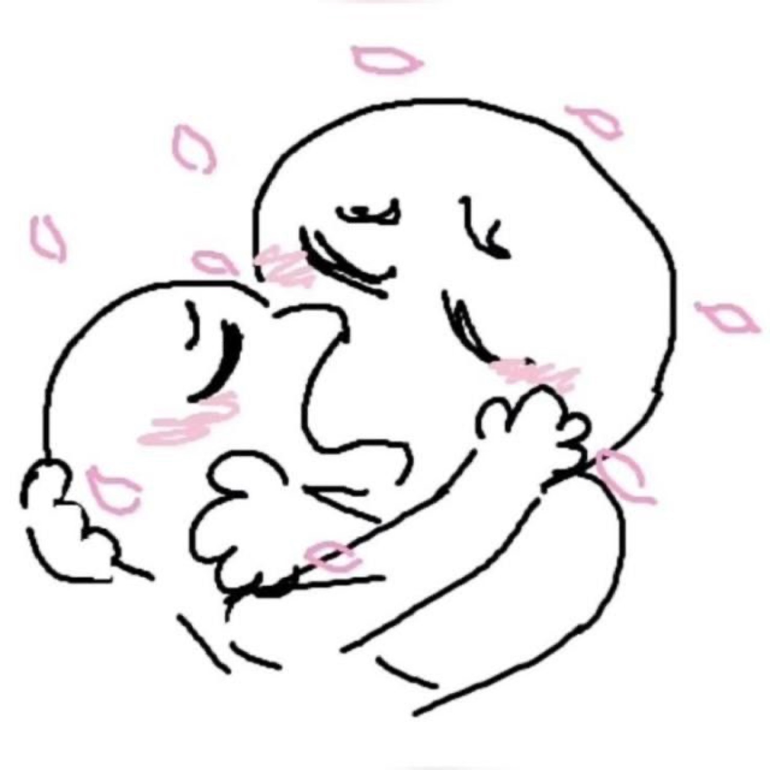 Two doodle figures hugging tight with blushing cheeks and falling petals
