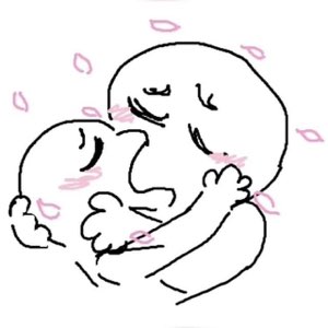 Two doodle figures hugging tight with blushing cheeks and falling petals