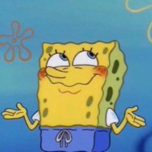 SpongeBob shrugging with a sly, self-satisfied smirk