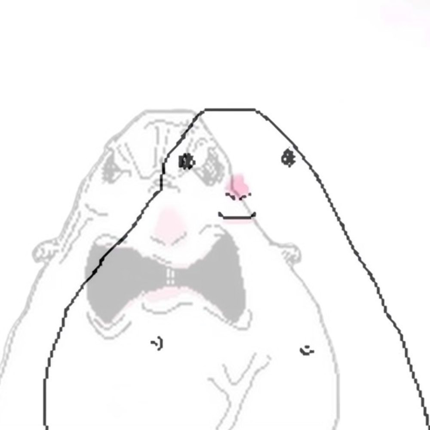 Chubby cartoon dog-blob wearing a bow tie with a subtle smug smile