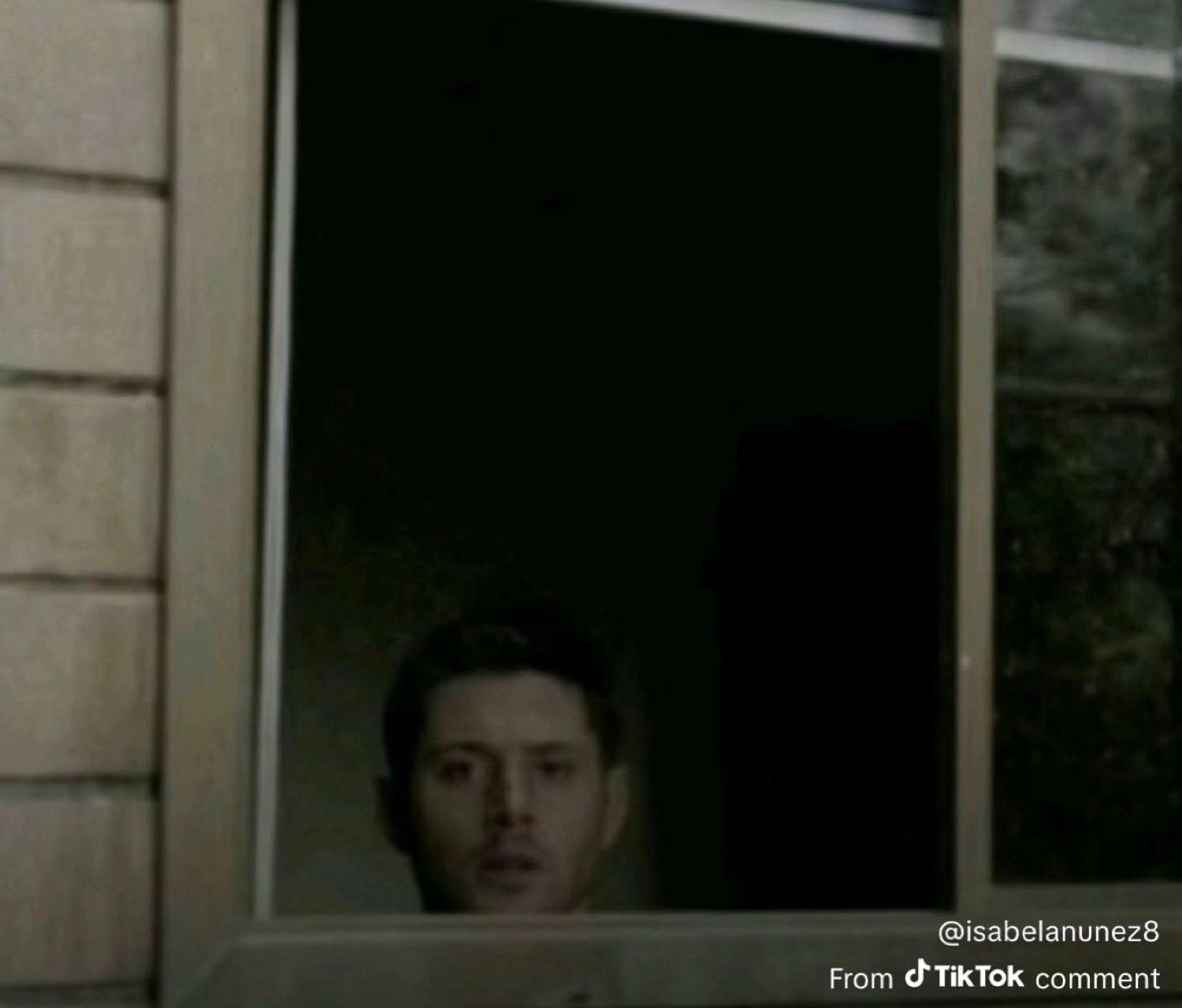 Man peering through a dark window