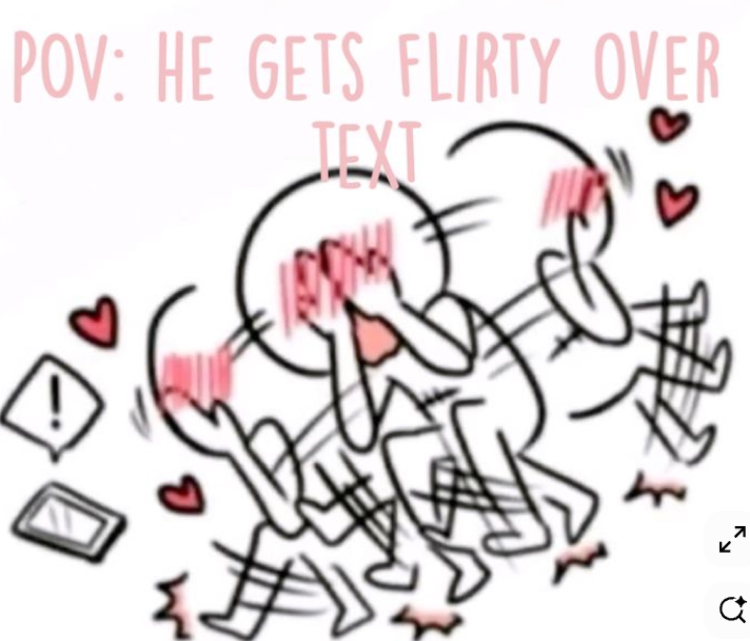 Scribbled stick figure kicking and blushing under 'POV: he gets flirty over text'