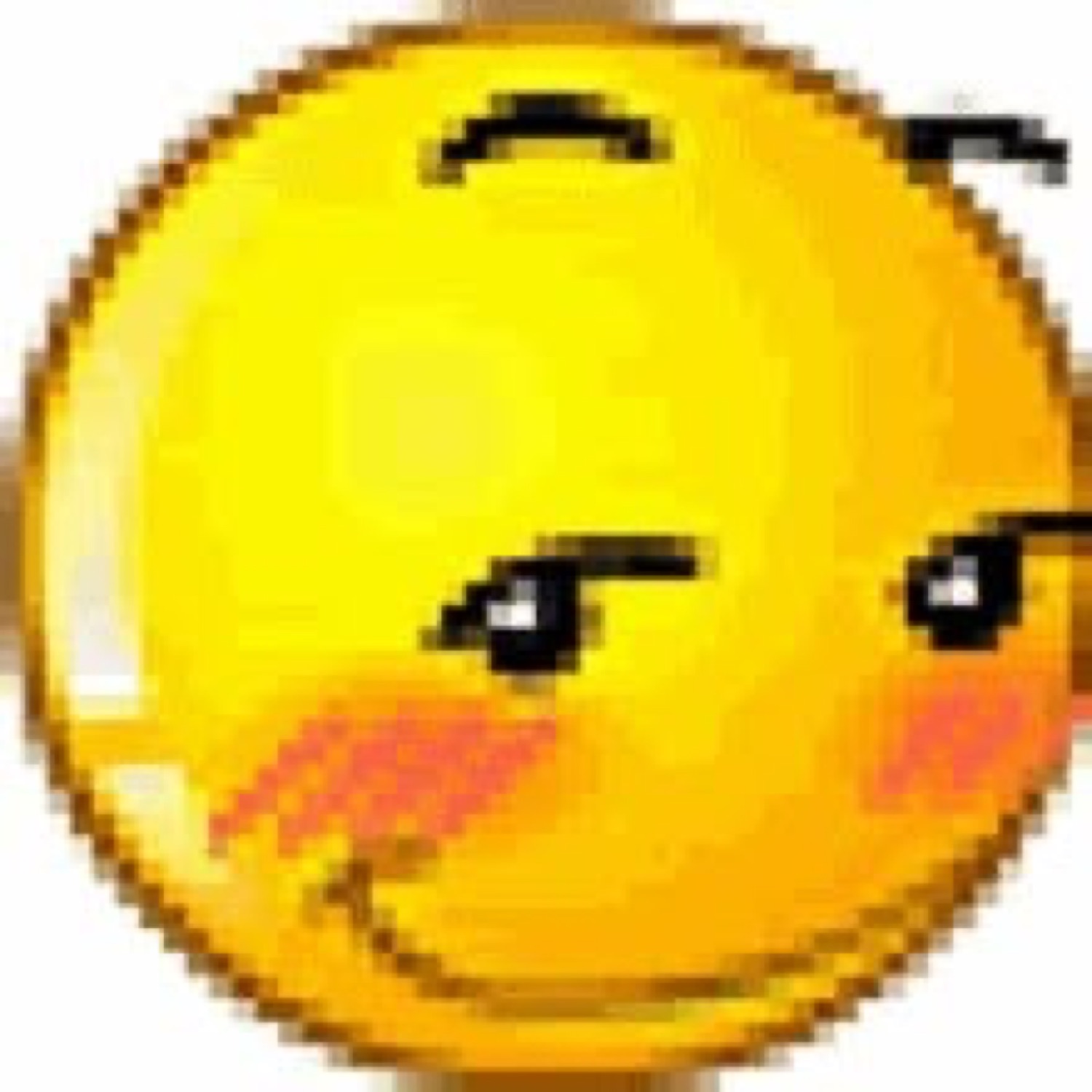 Pixelated yellow smiley with blushing cheeks and a sly little smirk