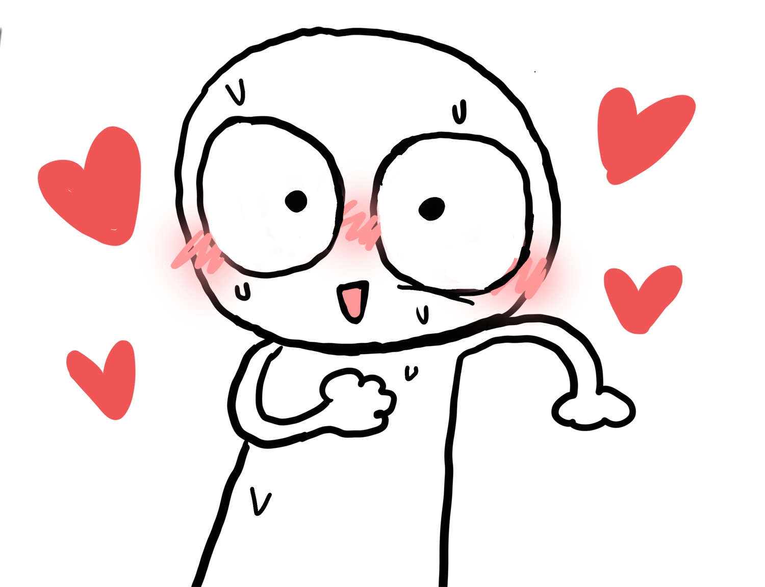 Wide-eyed stick doodle blushing and clutching its chest among red hearts