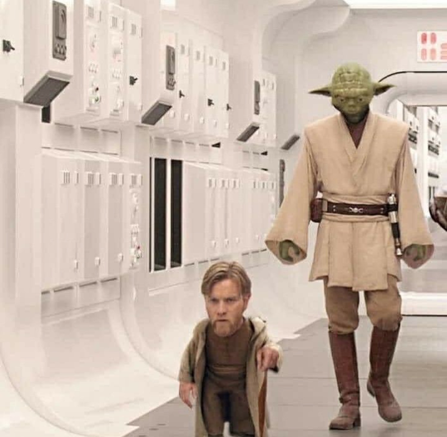 Tiny Obi-Wan edited to Yoda's height walking beside a full-size Yoda in a white corridor