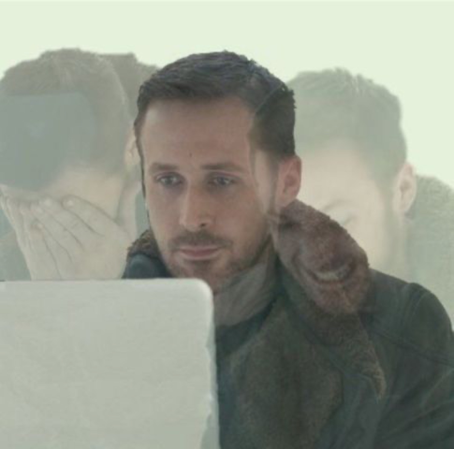 Man staring blankly at a screen with faint ghostly overlaid faces around him