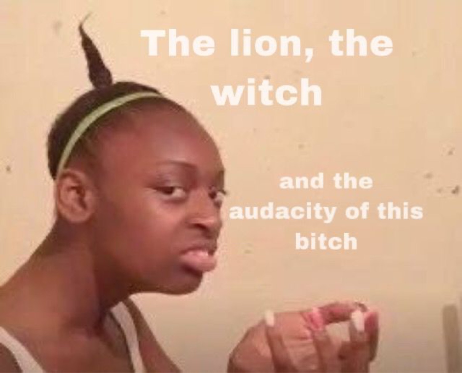 Girl mid-gesture with a judgy look, captioned 'the lion, the witch and the audacity of this bitch'
