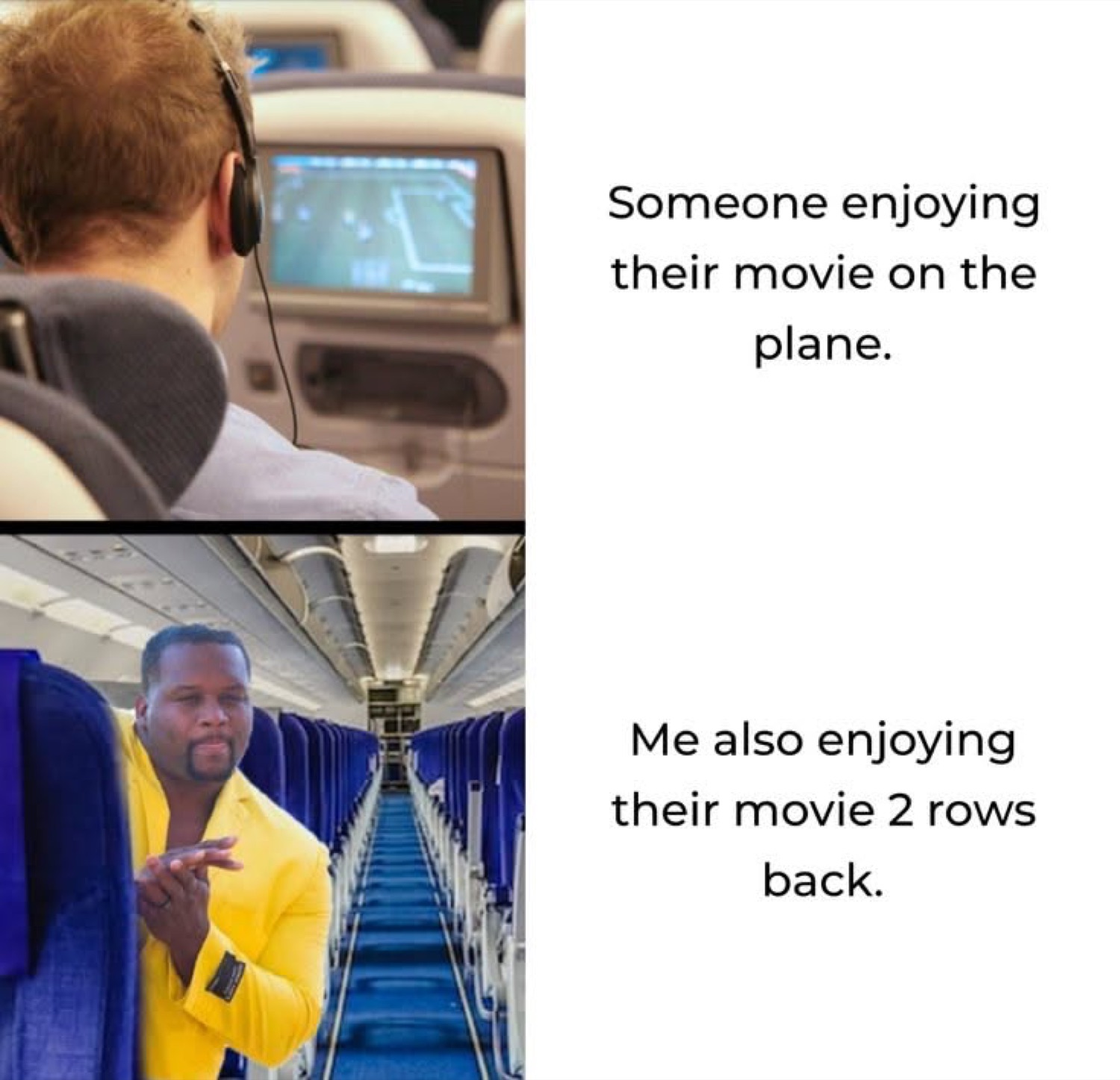 Passenger watching a seatback movie vs a man in a yellow suit leaning to watch from two rows back