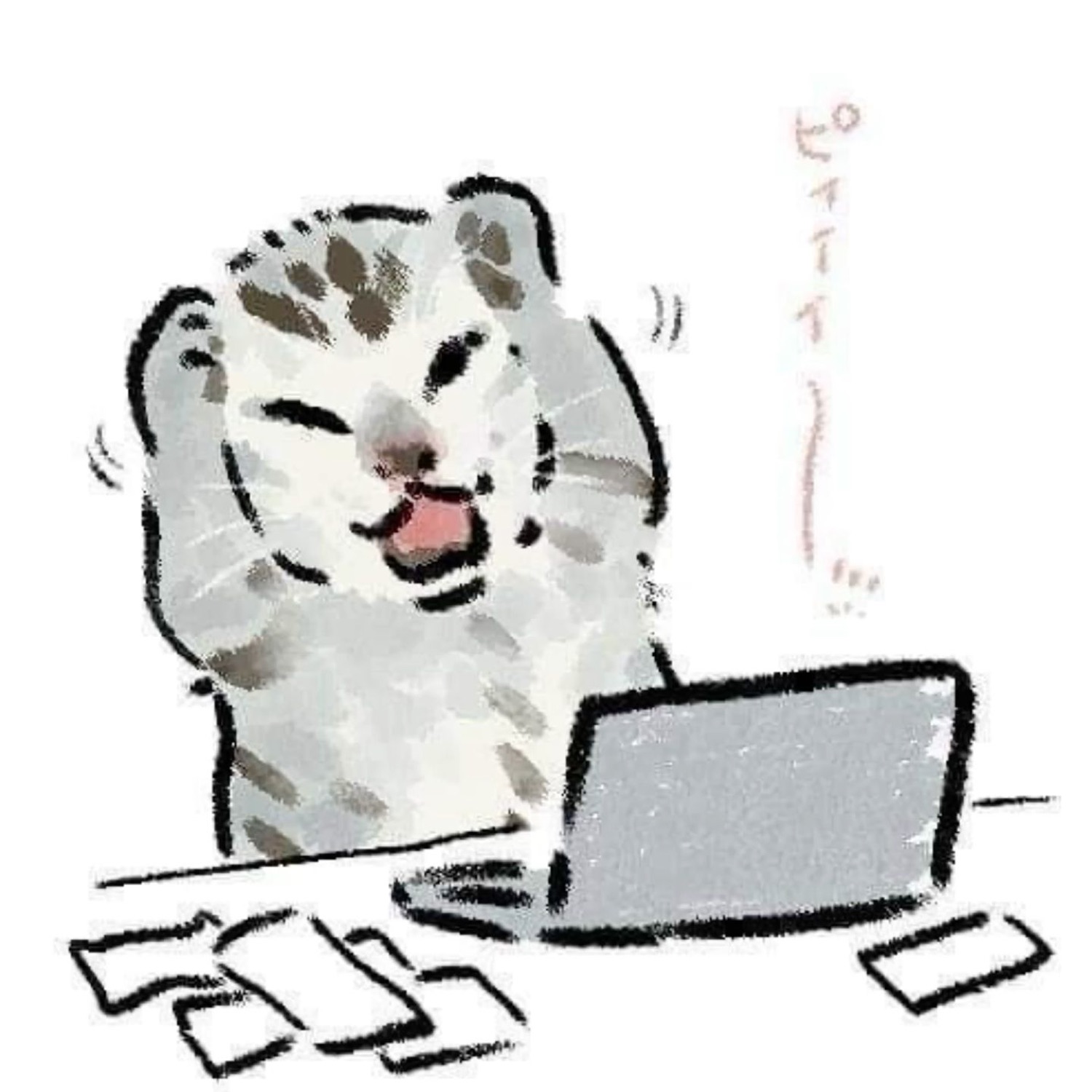 Doodle cat crying with joy at a laptop surrounded by papers