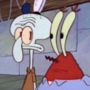 Squidward and Mr. Krabs looking utterly done and miserable together