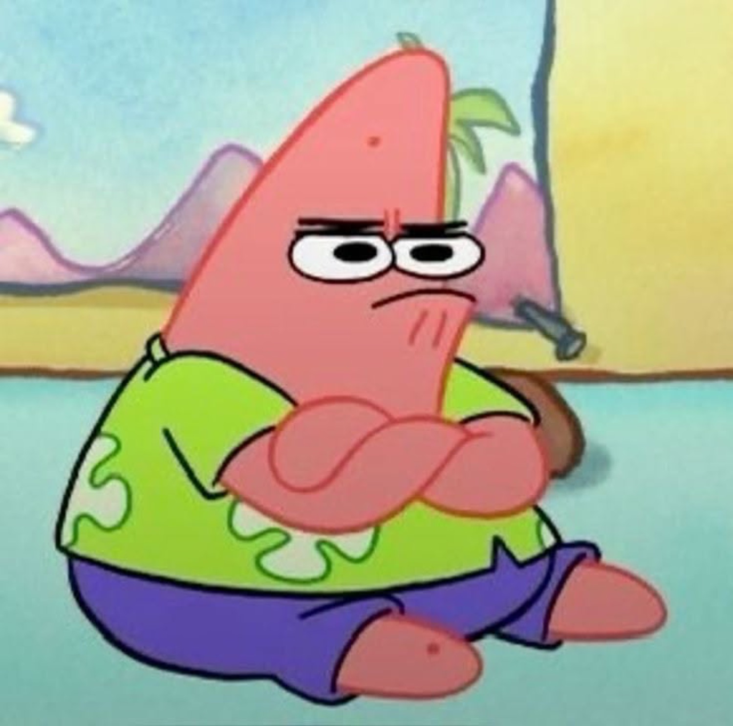 Patrick Star sitting with arms crossed and a flat, unimpressed frown
