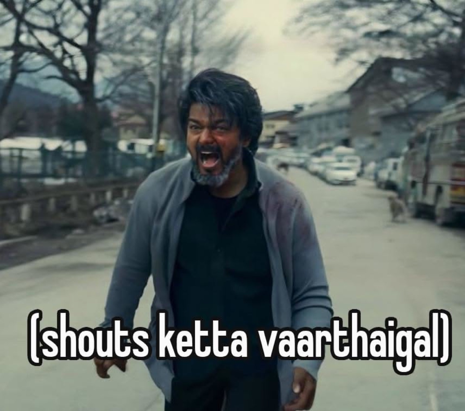 Vijay shouting in a street: '(shouts ketta vaarthaigal)' (shouts bad words)