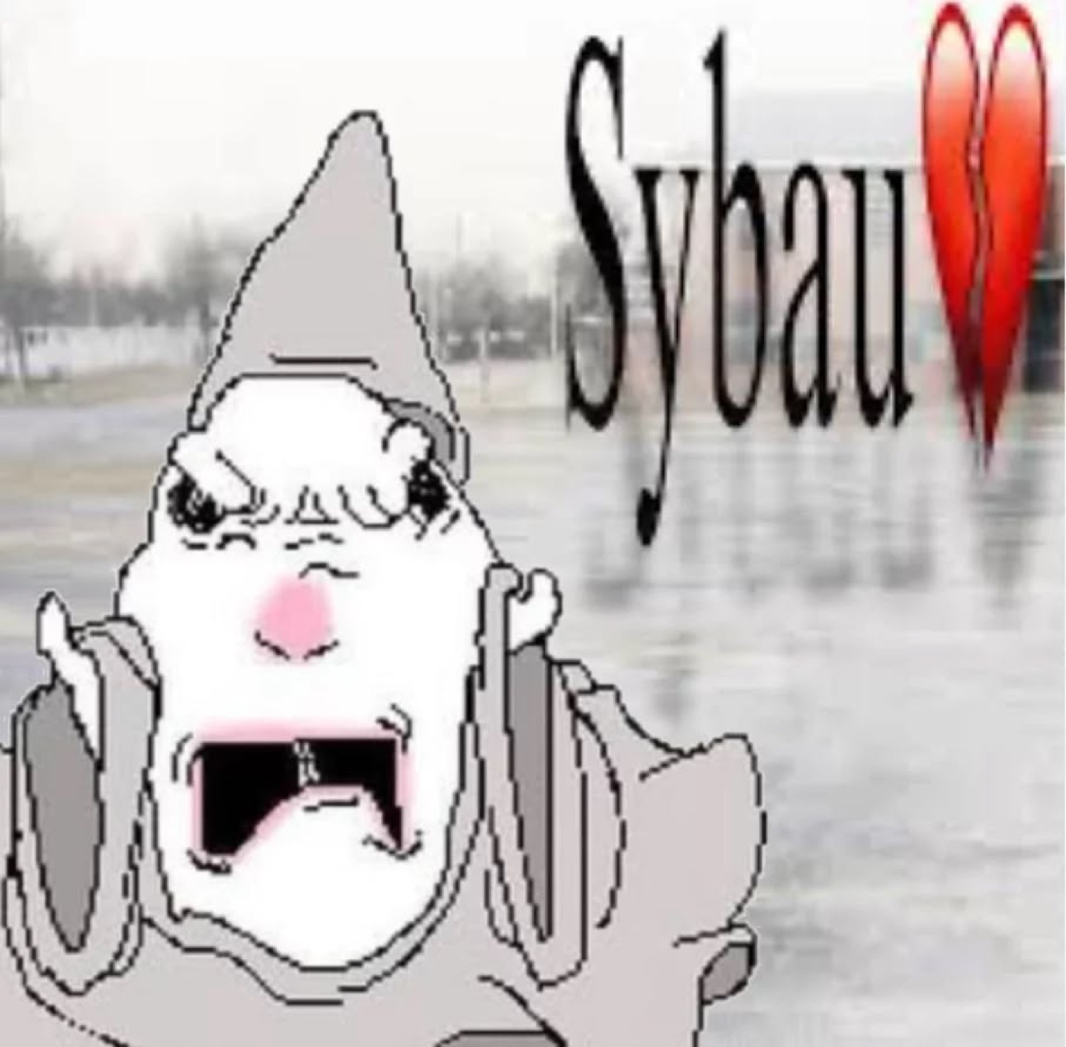 Gnome troll meme character raging in a wheelchair, captioned 'Sybau' with a broken heart