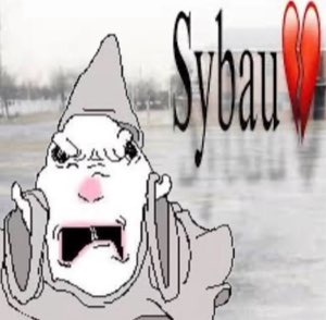 Gnome troll meme character raging in a wheelchair, captioned 'Sybau' with a broken heart
