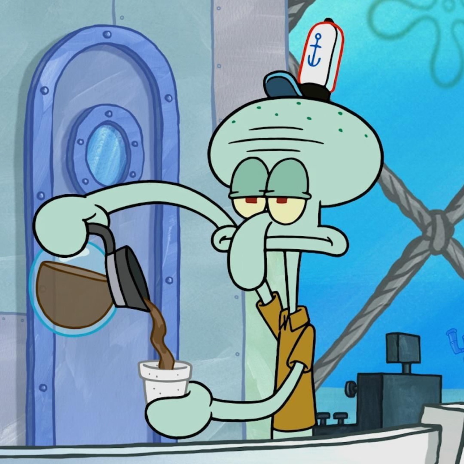 Squidward pouring coffee with total dead-eyed disdain for existence
