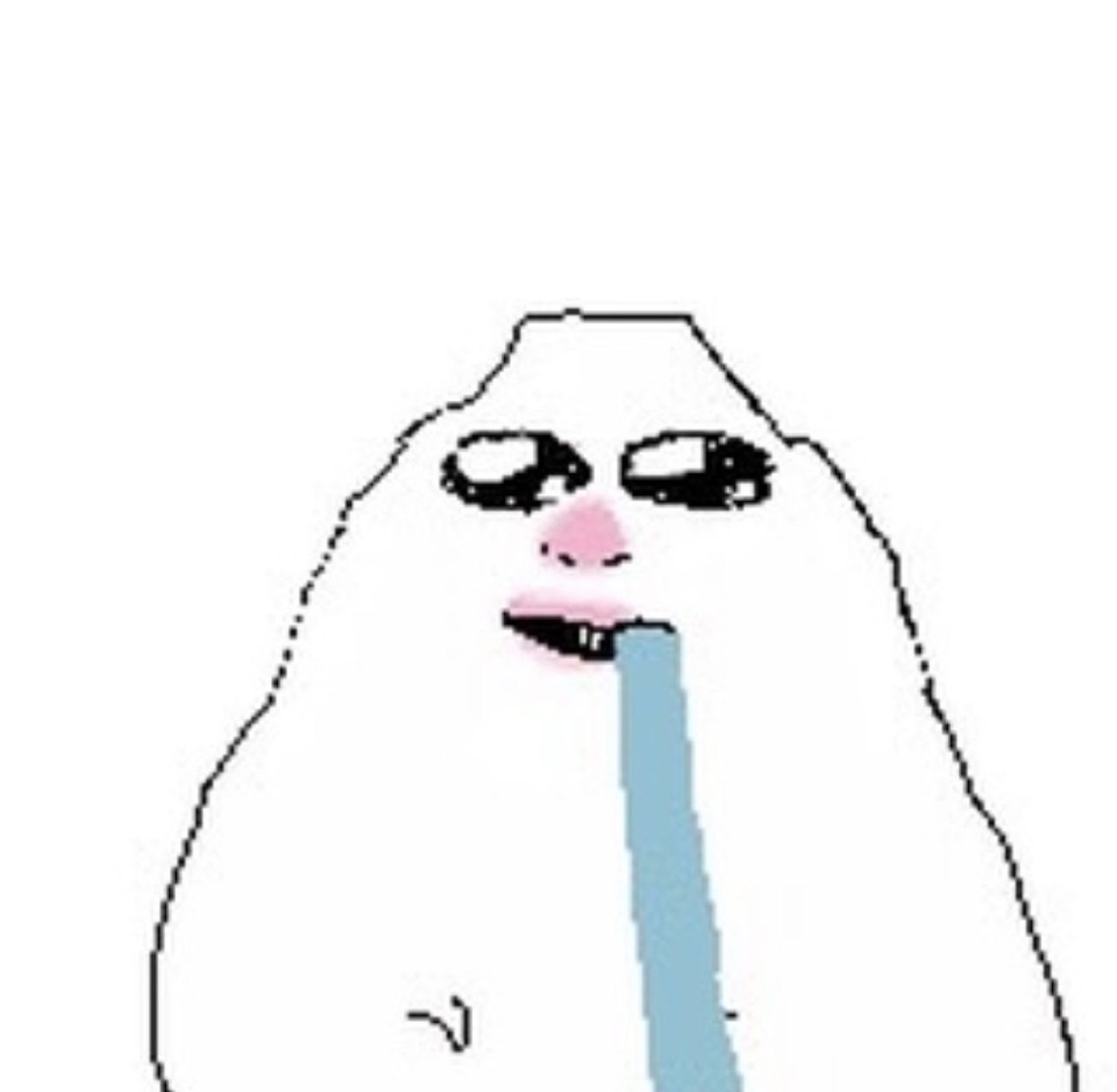 Same white blob creature with heavy drooping eyes, sipping through a straw with zero enthusiasm