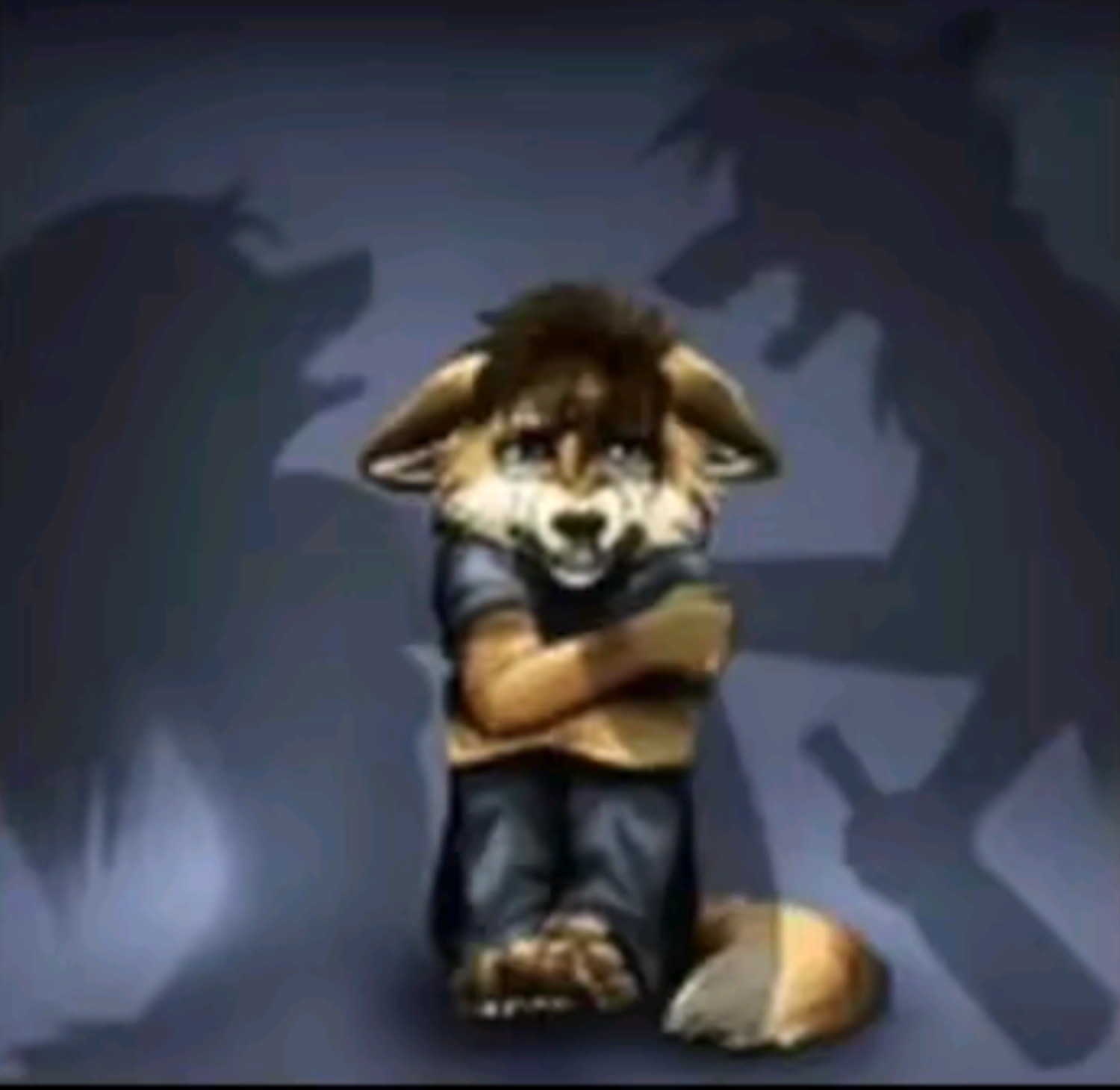 Anxious cartoon fox curled up on its knees while menacing shadows loom behind it