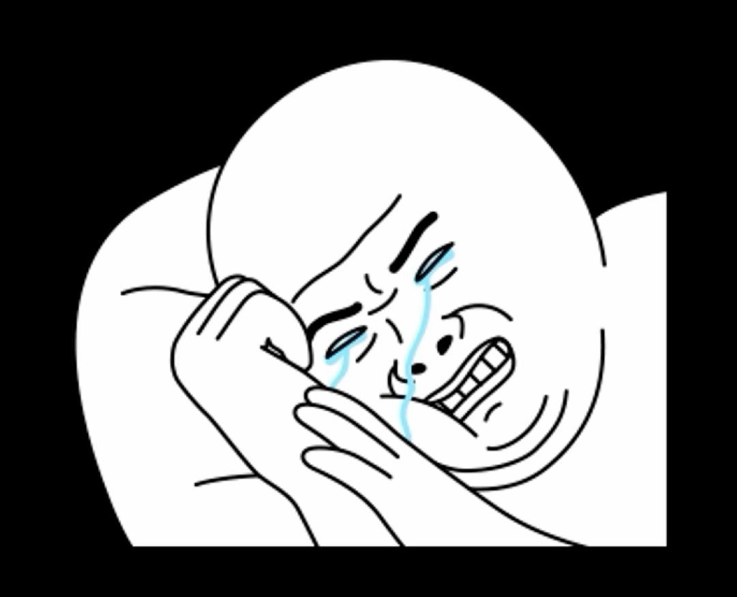 A cartoon face sobbing dramatically into a phone with tears streaming and teeth gritted