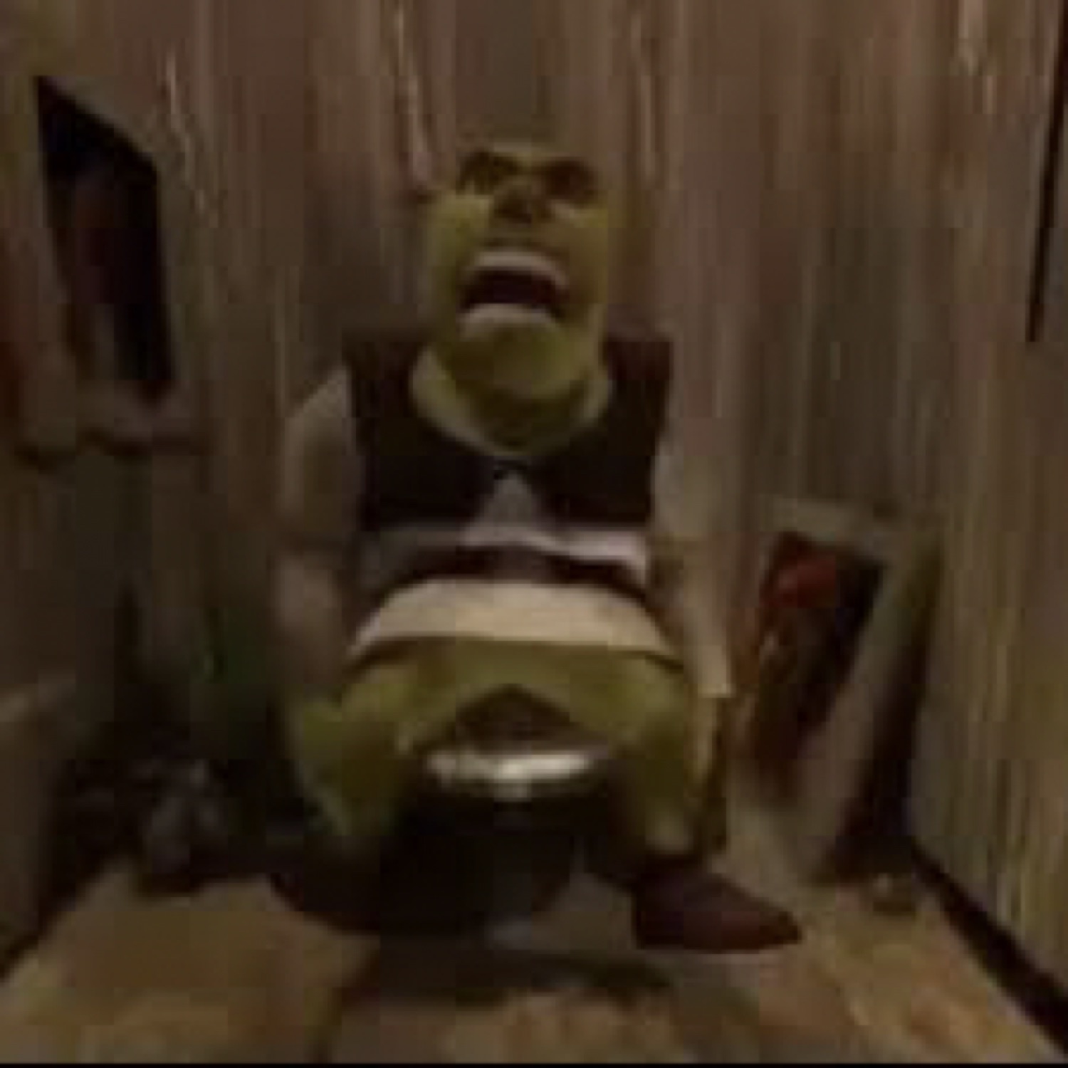 Shrek sitting on an outhouse toilet looking strained