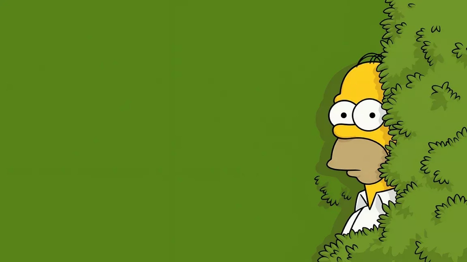 Homer Simpson peeking out from the edge of a hedge with a blank stare