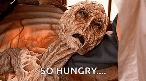 Decayed mummy groaning, "So hungry..."