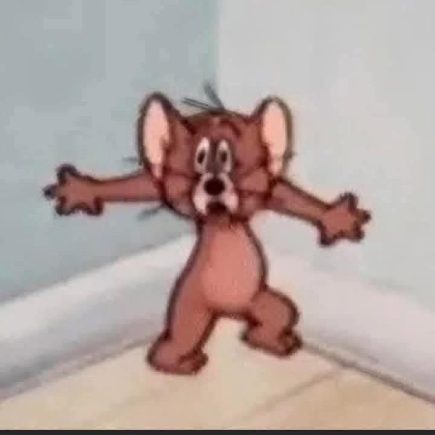 Jerry the mouse flattened against a wall with a shocked, terrified face