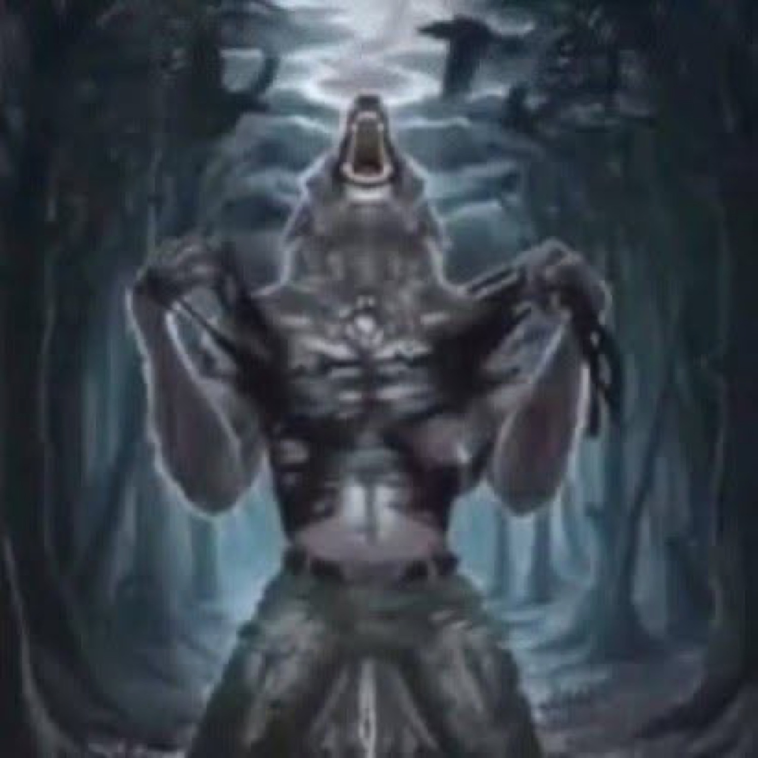 Digital art of a jacked werewolf howling at the moon in a misty dark forest