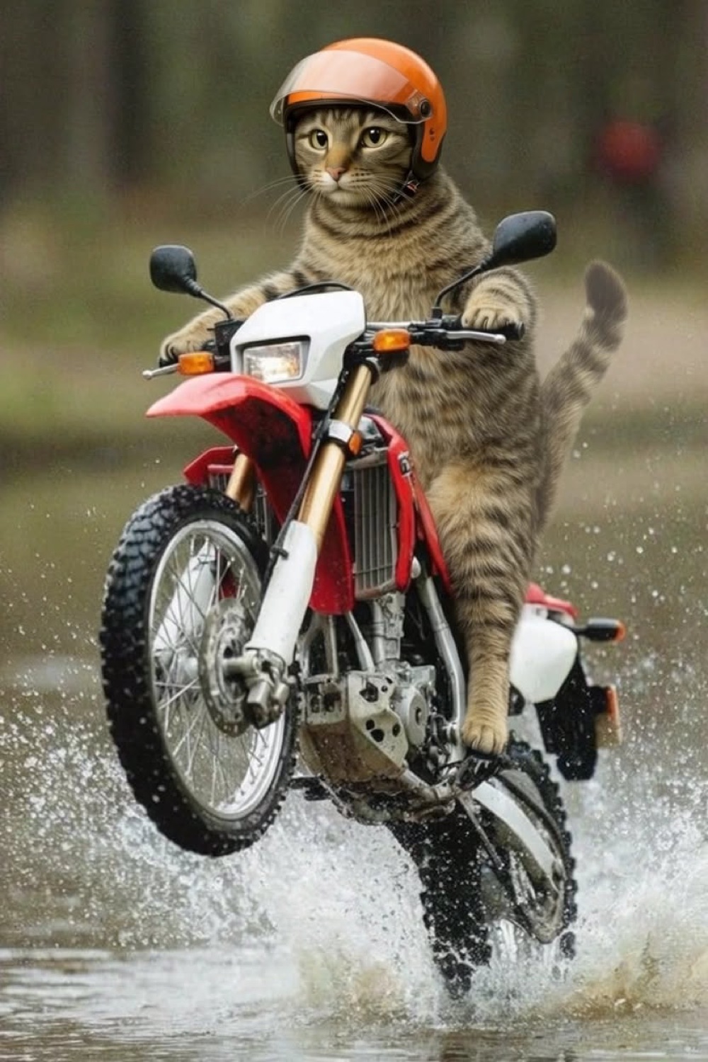 Cat in a helmet popping a wheelie on a dirt bike through water