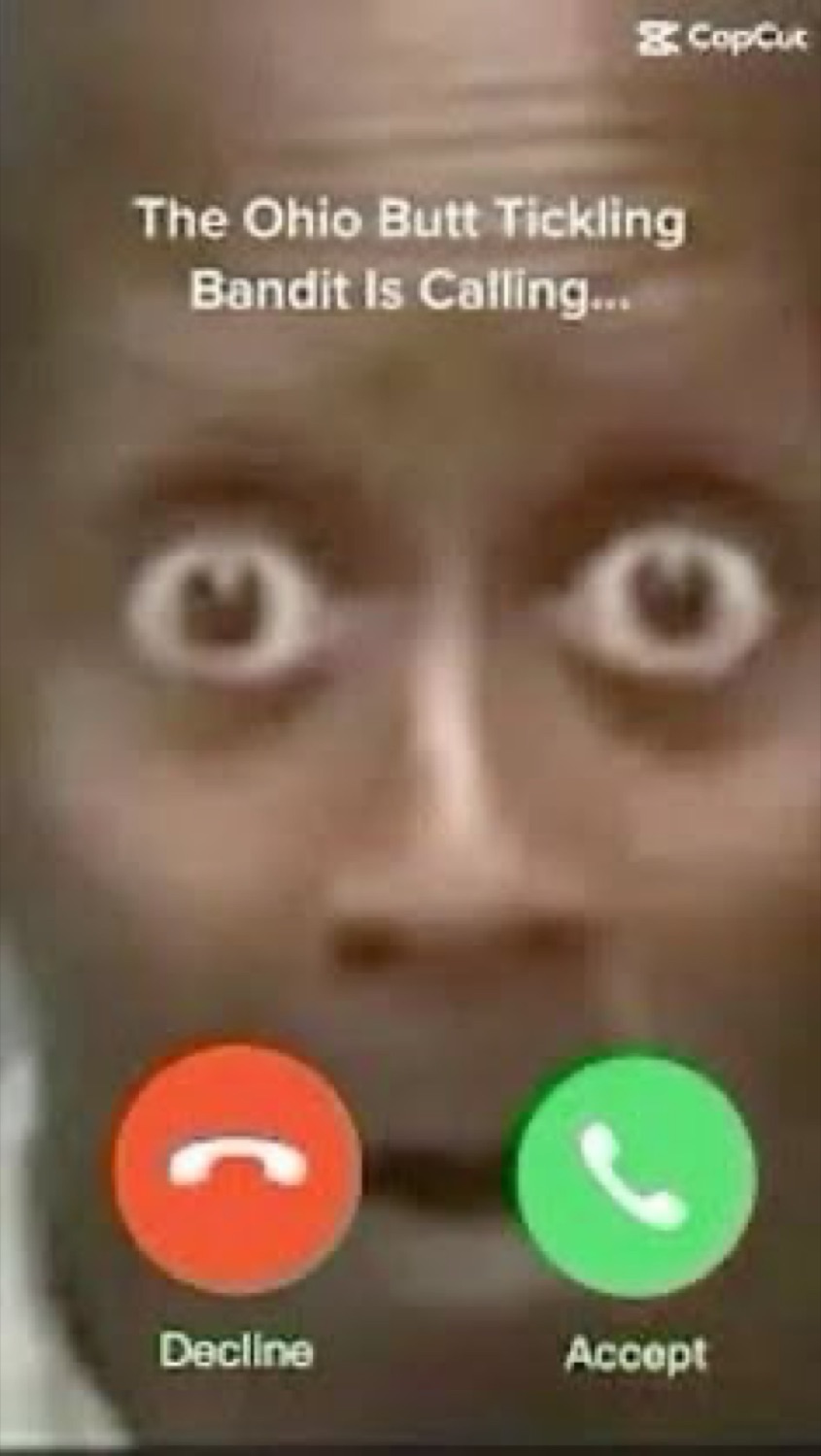 Fake call screen over a terrified bug-eyed face: 'The Ohio Butt Tickling Bandit Is Calling...'