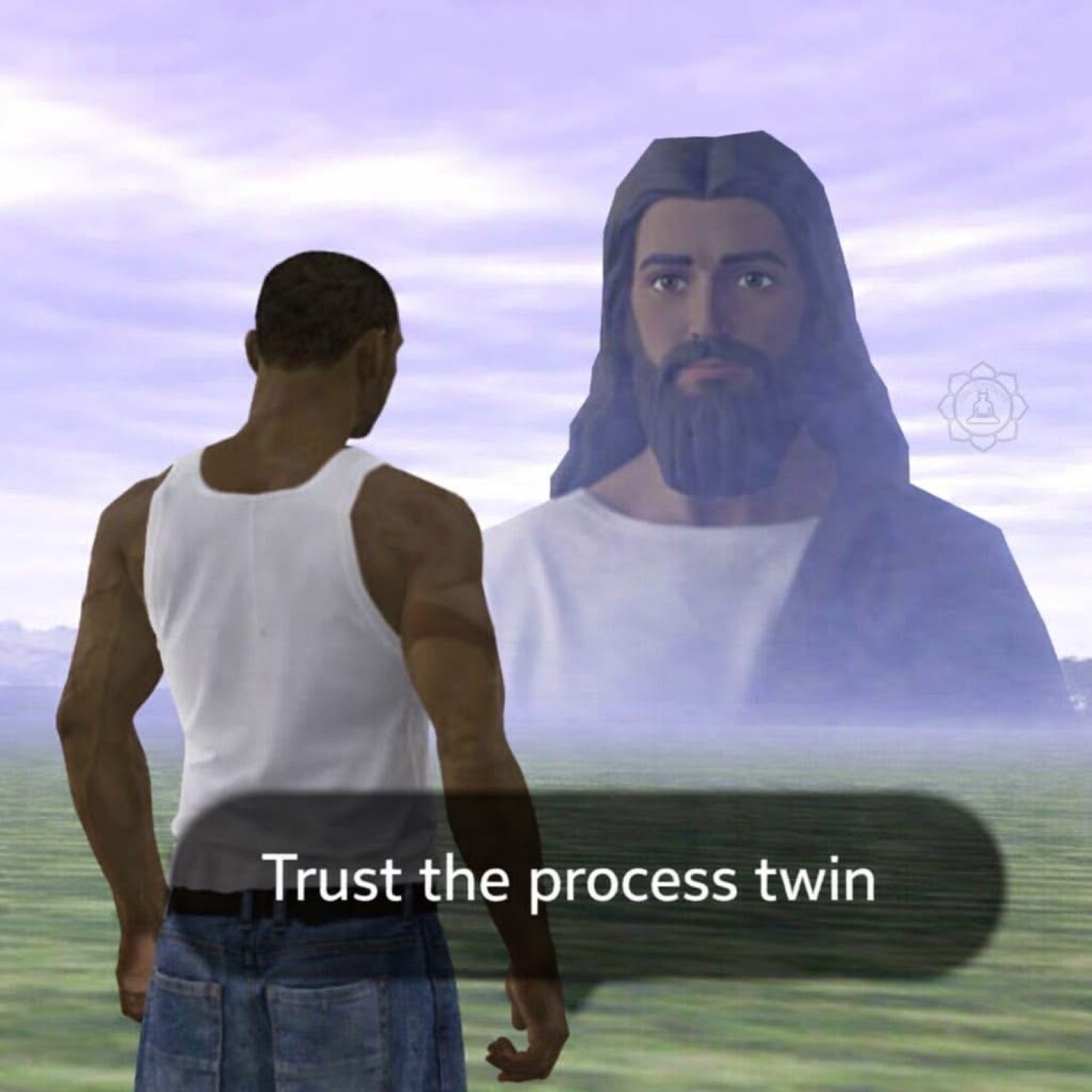 CJ from GTA standing next to a giant Jesus: 'Trust the process twin'