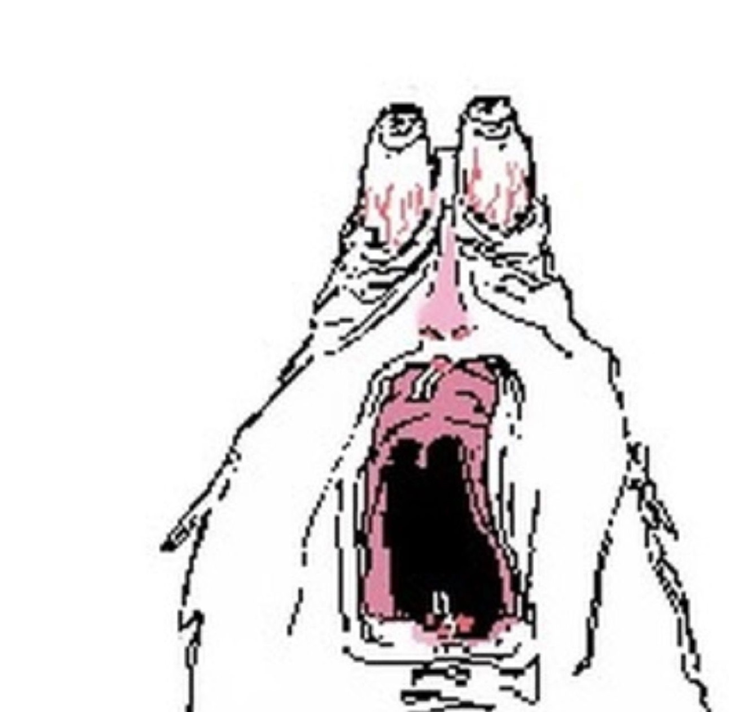Crude doodle face bawling with a wide-open black mouth and streaming eyes
