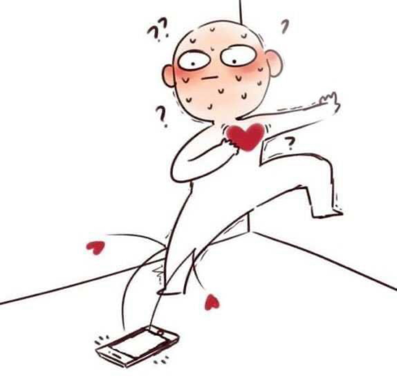 Sweaty cartoon figure running away clutching a heart, question marks all around, phone dropped behind