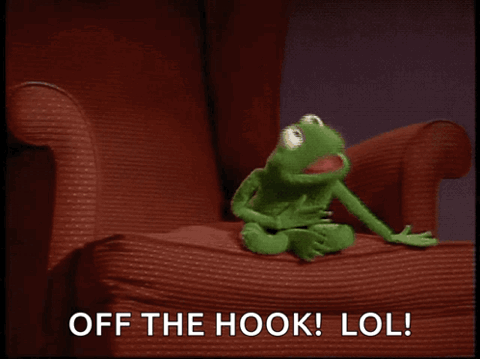 Kermit yanked out of his chair by a fishing hook, "Off the hook! LOL!"