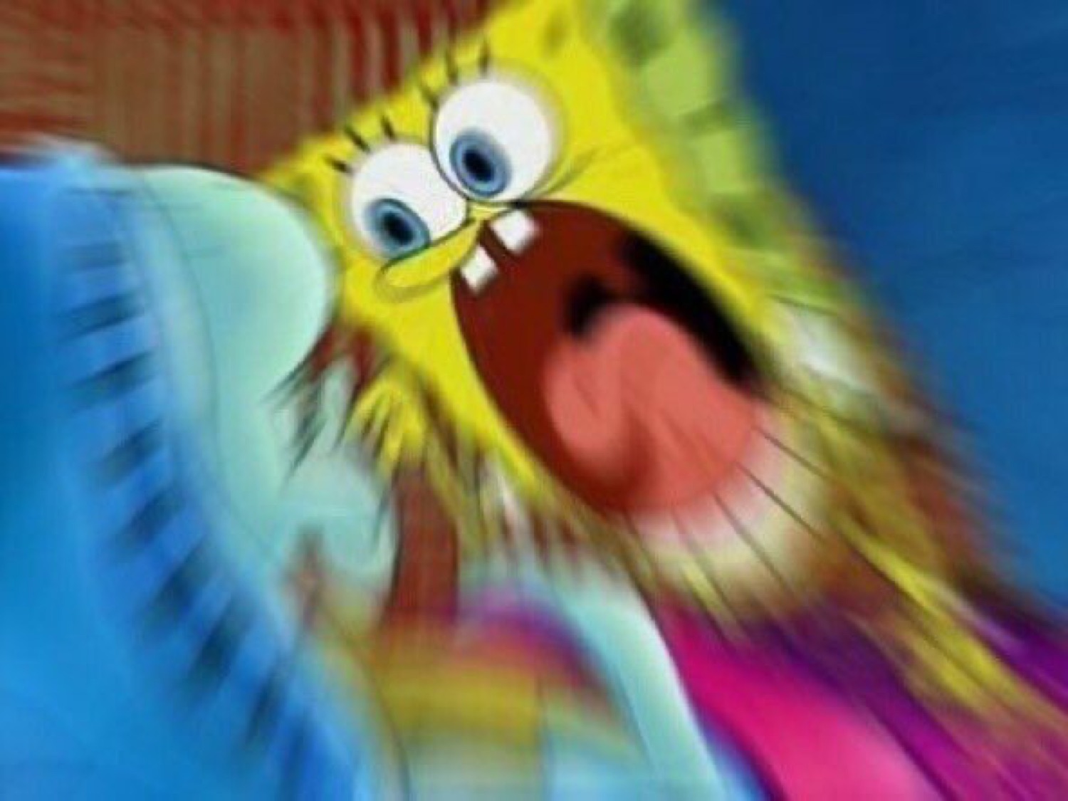 SpongeBob screaming in extreme close-up with everything motion-blurred