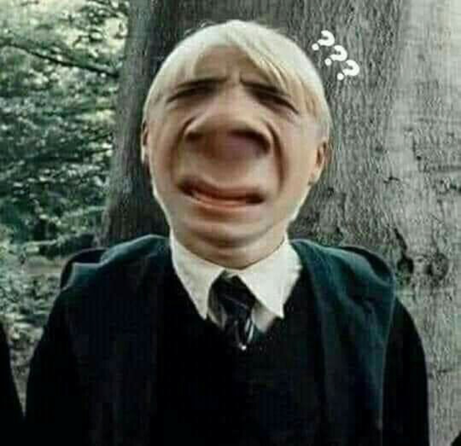 Draco Malfoy with a bizarrely stretched face and '???' by his head