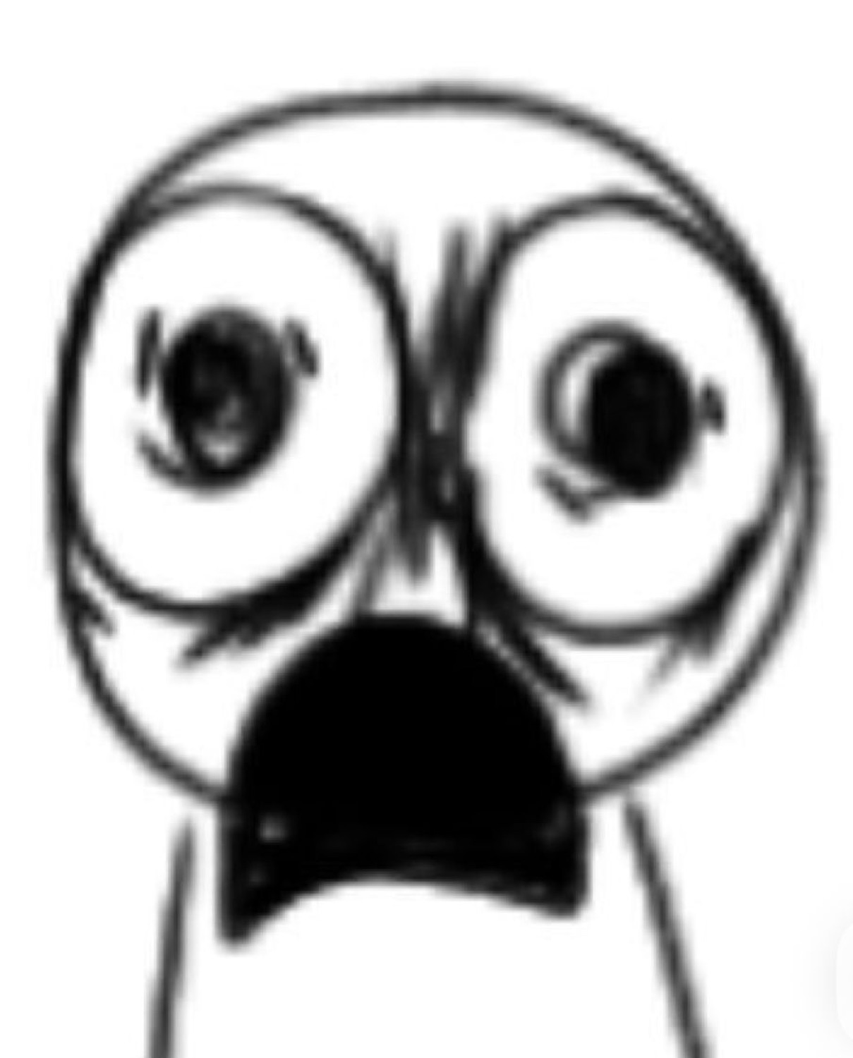 Crude hand-drawn circle face with huge bulging eyes and wide-open screaming mouth