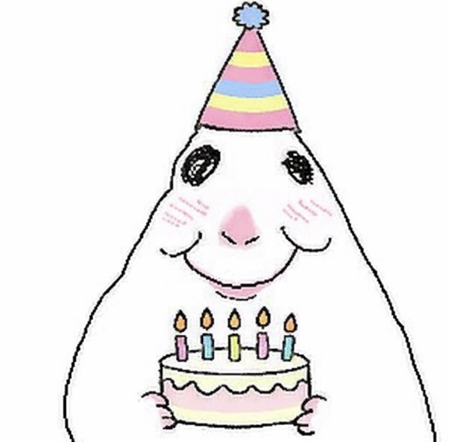 Blob in a pastel party hat smiling over a cake full of candles