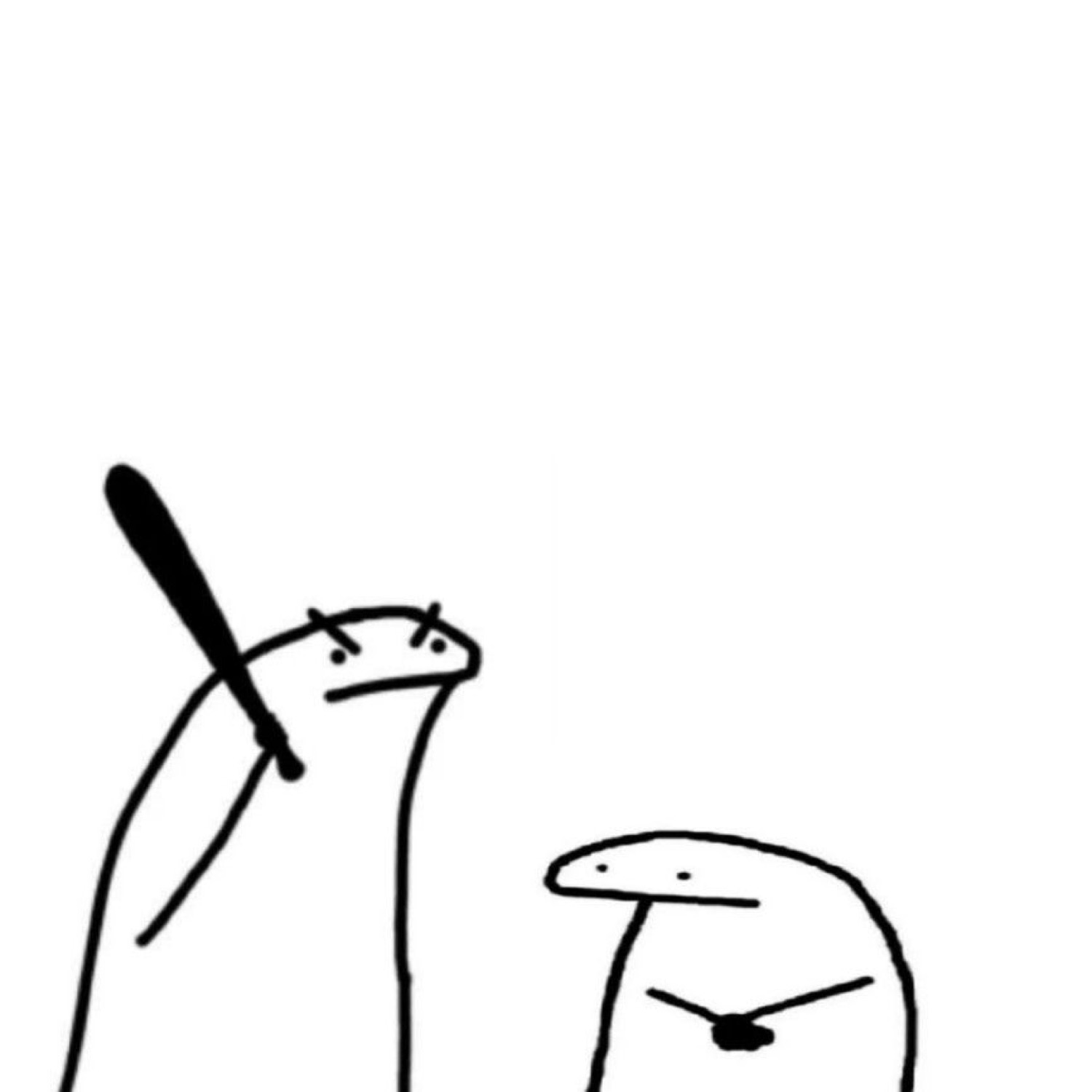 Flork doodle raising a bat over a nervous little flork