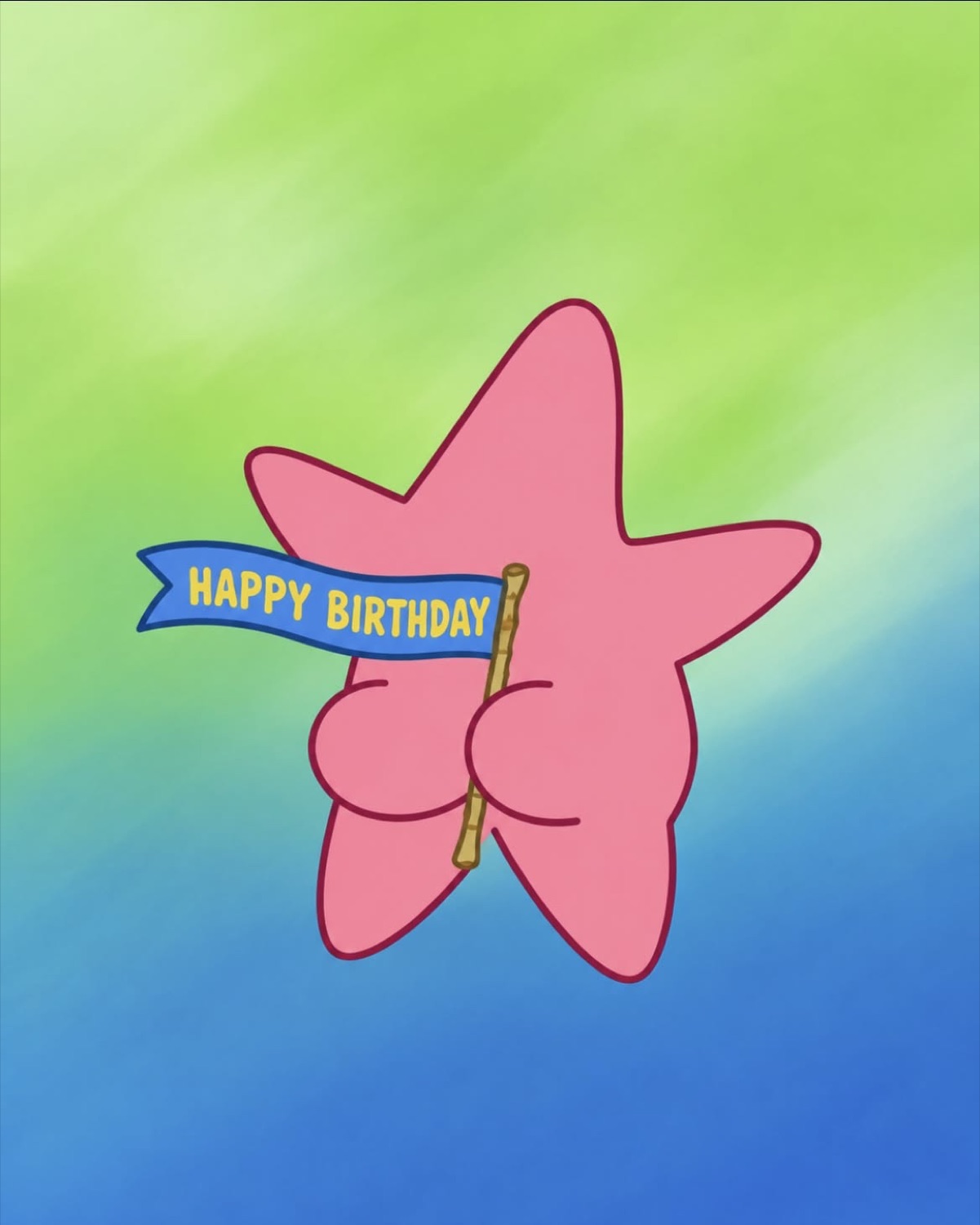Patrick Star seen from behind holding a 'HAPPY BIRTHDAY' flag