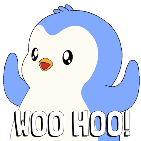 Blue cartoon penguin waving its flippers in celebration, "woo hoo"