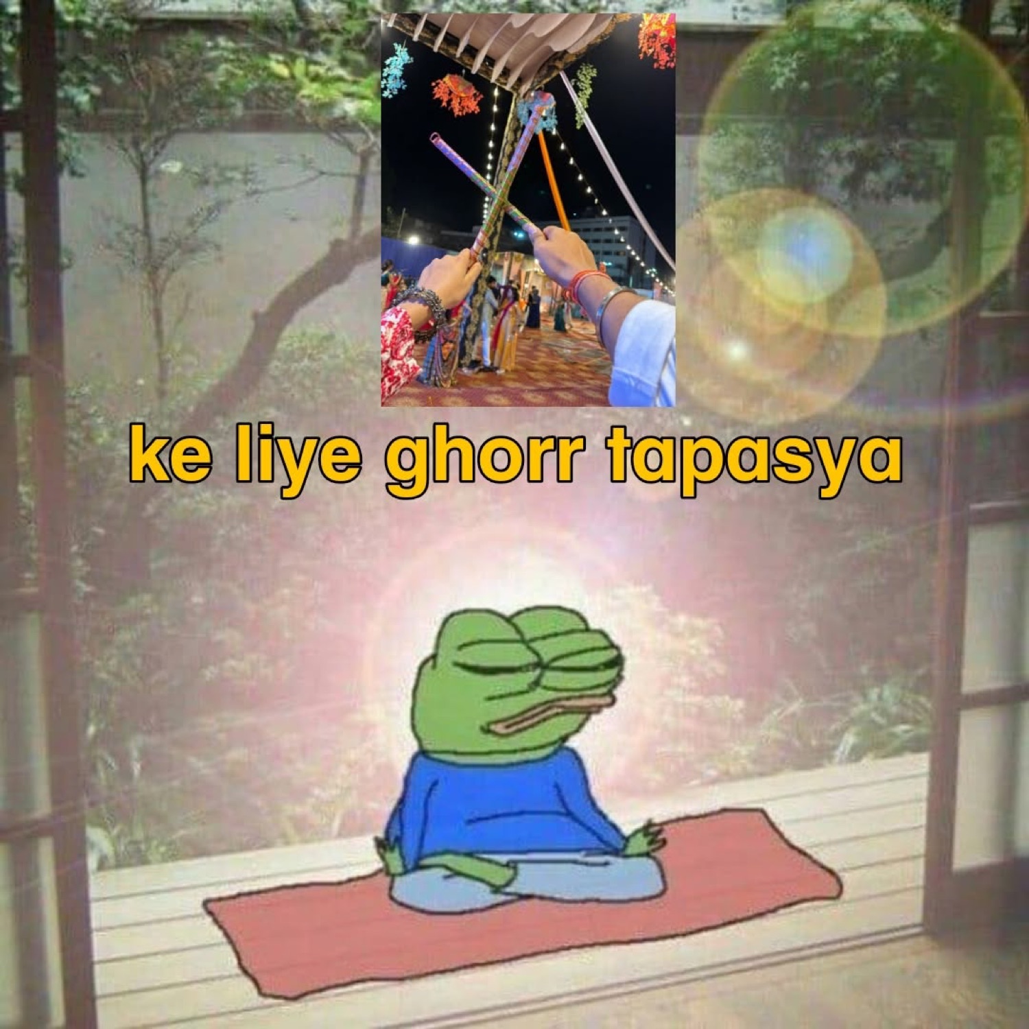 Pepe meditating on a mat under a garba photo: 'ke liye ghorr tapasya' (intense penance for it)