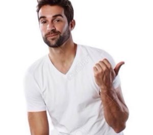 Confident guy in a white v-neck giving a thumbs-up with a charming smirk