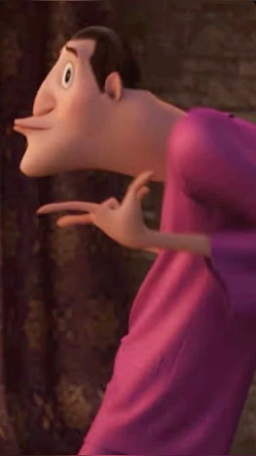 Animated guy in a pink shirt leaning in with a cheeky, smooth expression