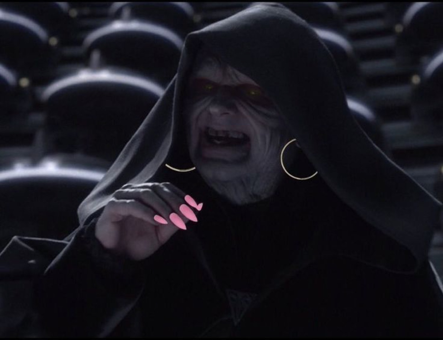 Emperor Palpatine edited with hoop earrings and pink nails, grinning under his hood