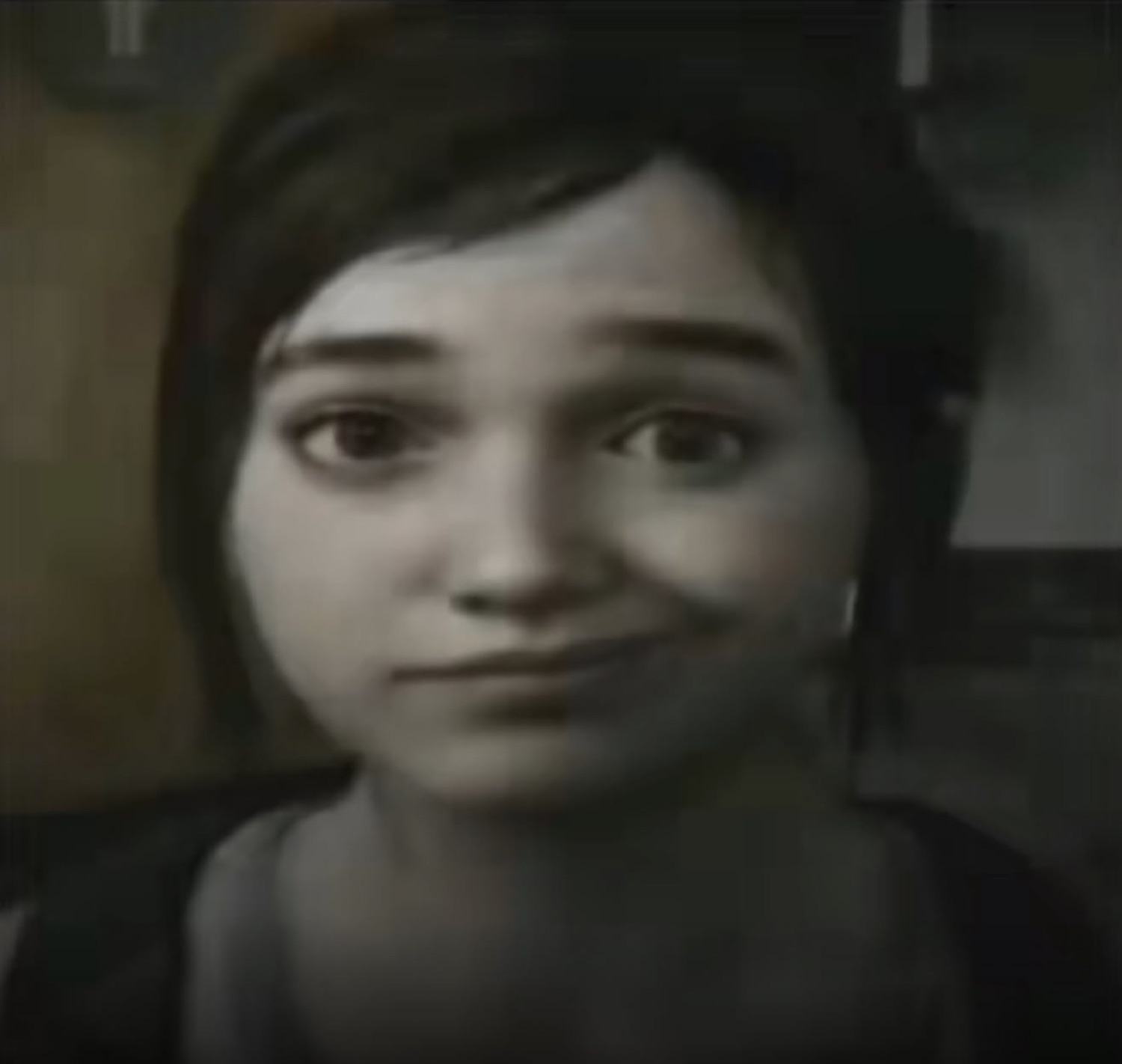 Grainy video-game character giving a strained, awkward little smile