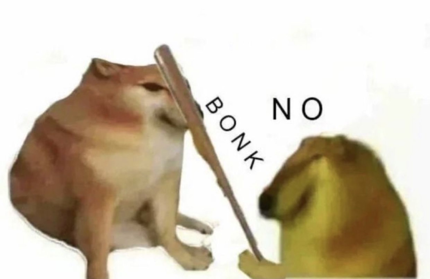 Cheems swinging a 'BONK' bat while the other dog says 'NO'