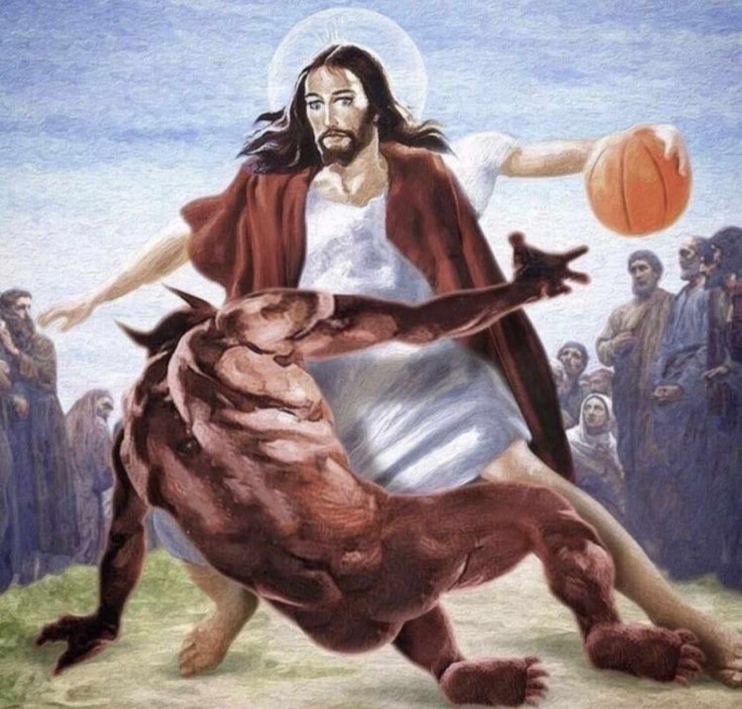 Painting of Jesus dribbling a basketball past the devil