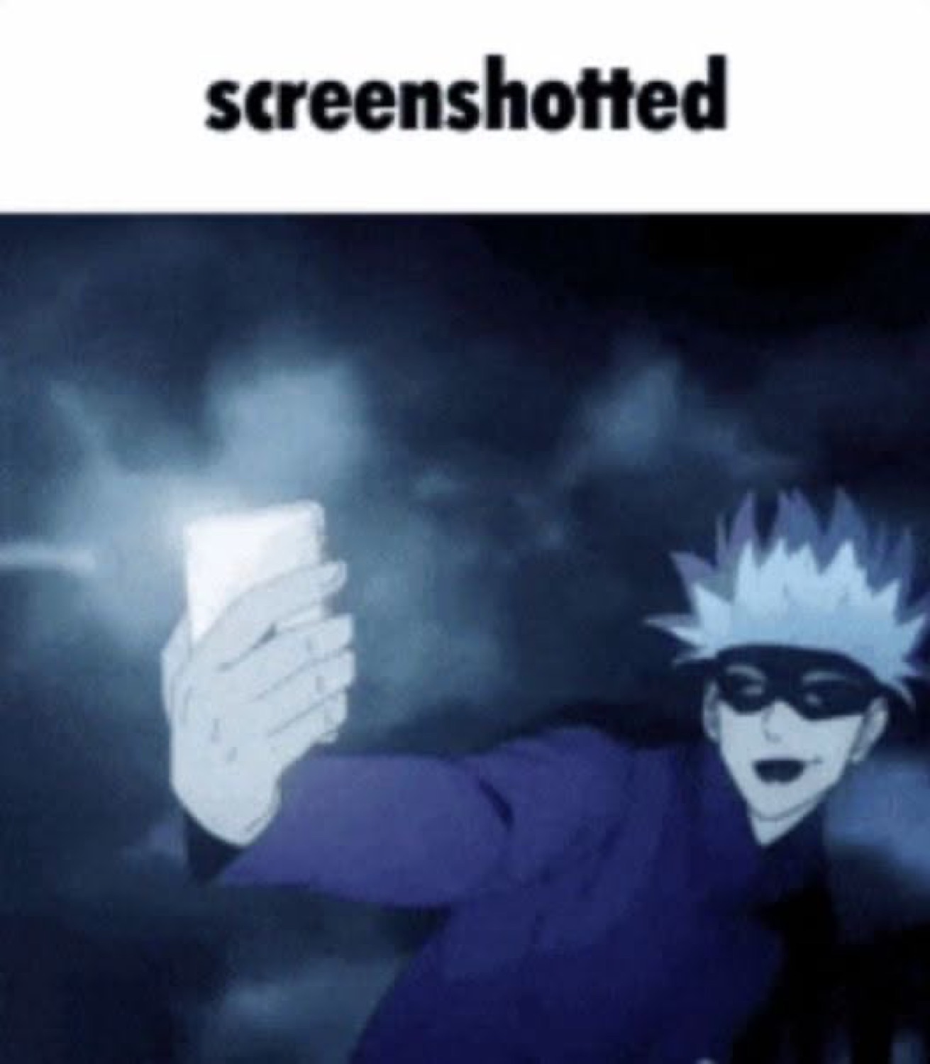 Gojo grinning as he snaps a selfie, captioned 'screenshotted'