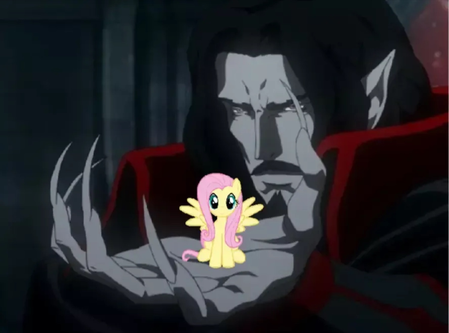 Castlevania's Dracula holding a tiny Fluttershy pony in his palm