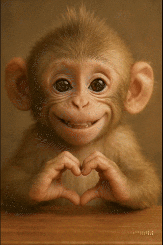 Baby monkey smiling and making a heart with its hands